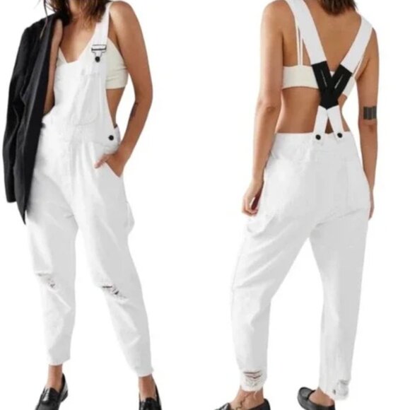 Sandrine Rose x Free People Distressed Overalls in Dust